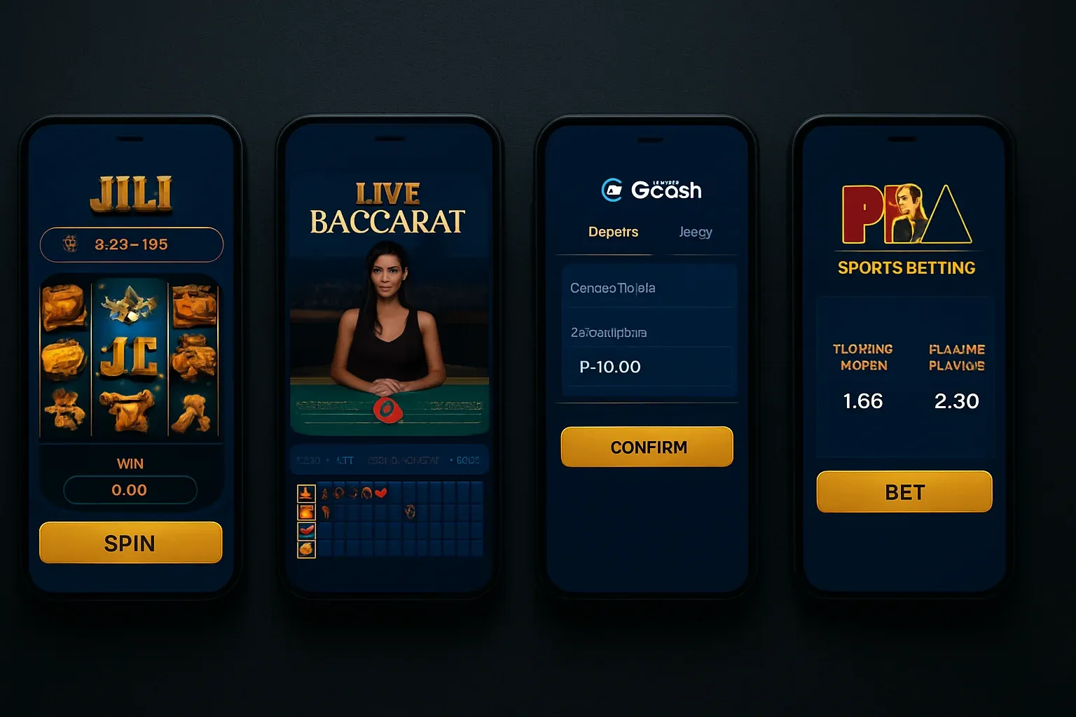 Multiple Android screens showing Philippine casino app with slots, baccarat, GCash, sports betting