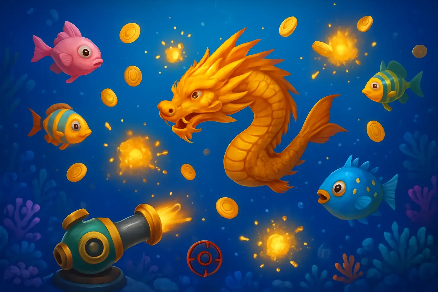 Vibrant Philippine casino fishing game with colorful fish and coin explosions
