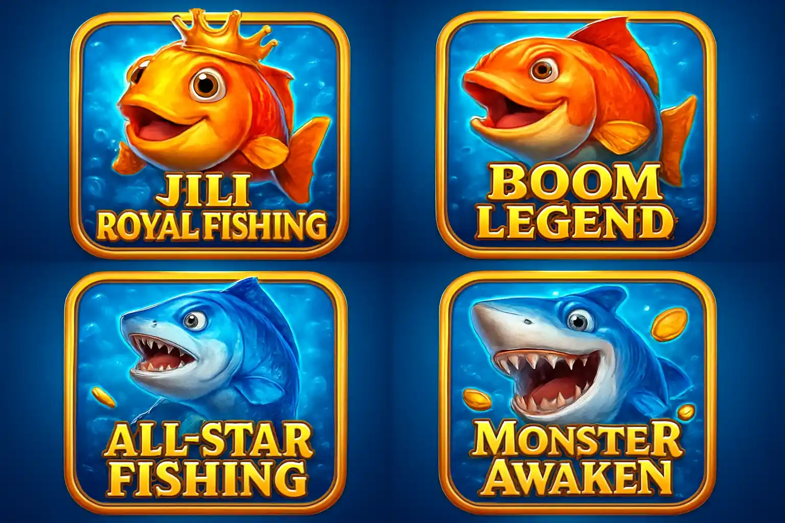 Grid of Philippine fishing game thumbnails in bright blue and gold casino style
