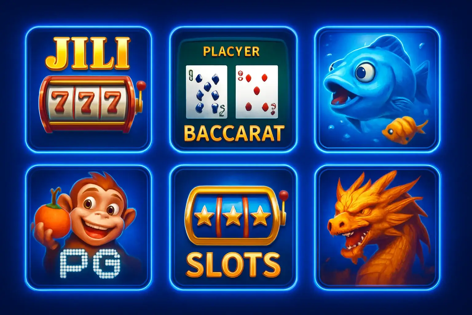 Colorful grid of Philippine casino game thumbnails with blue and gold UI