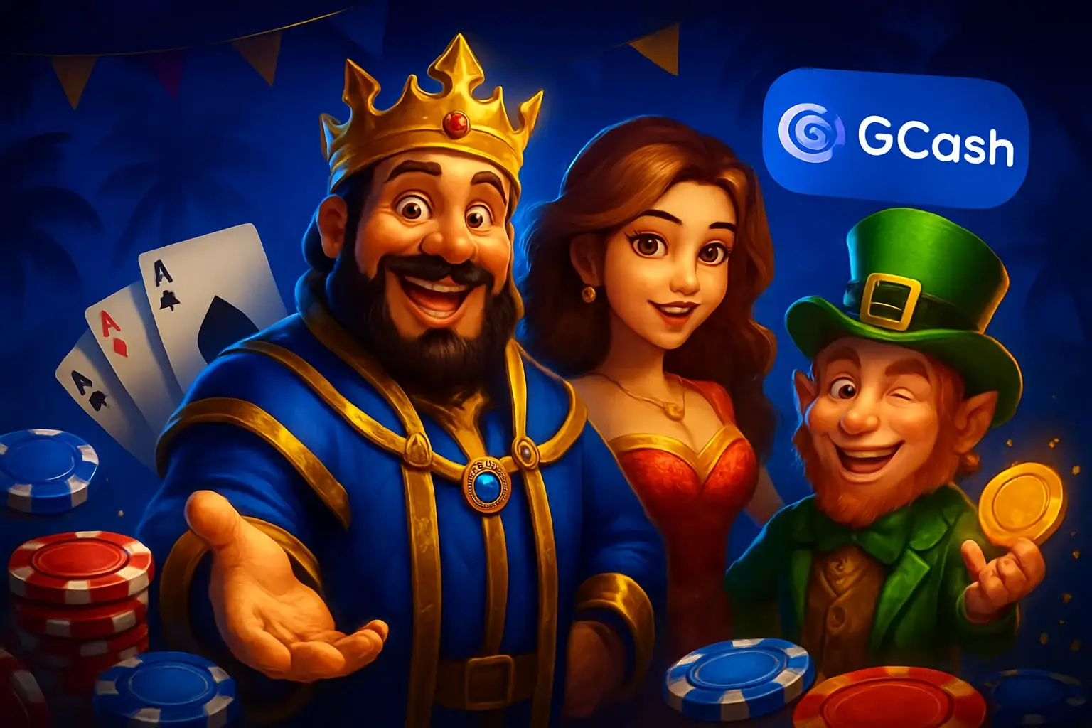 Vibrant Philippine online casino hero banner with JILI characters and GCash badge