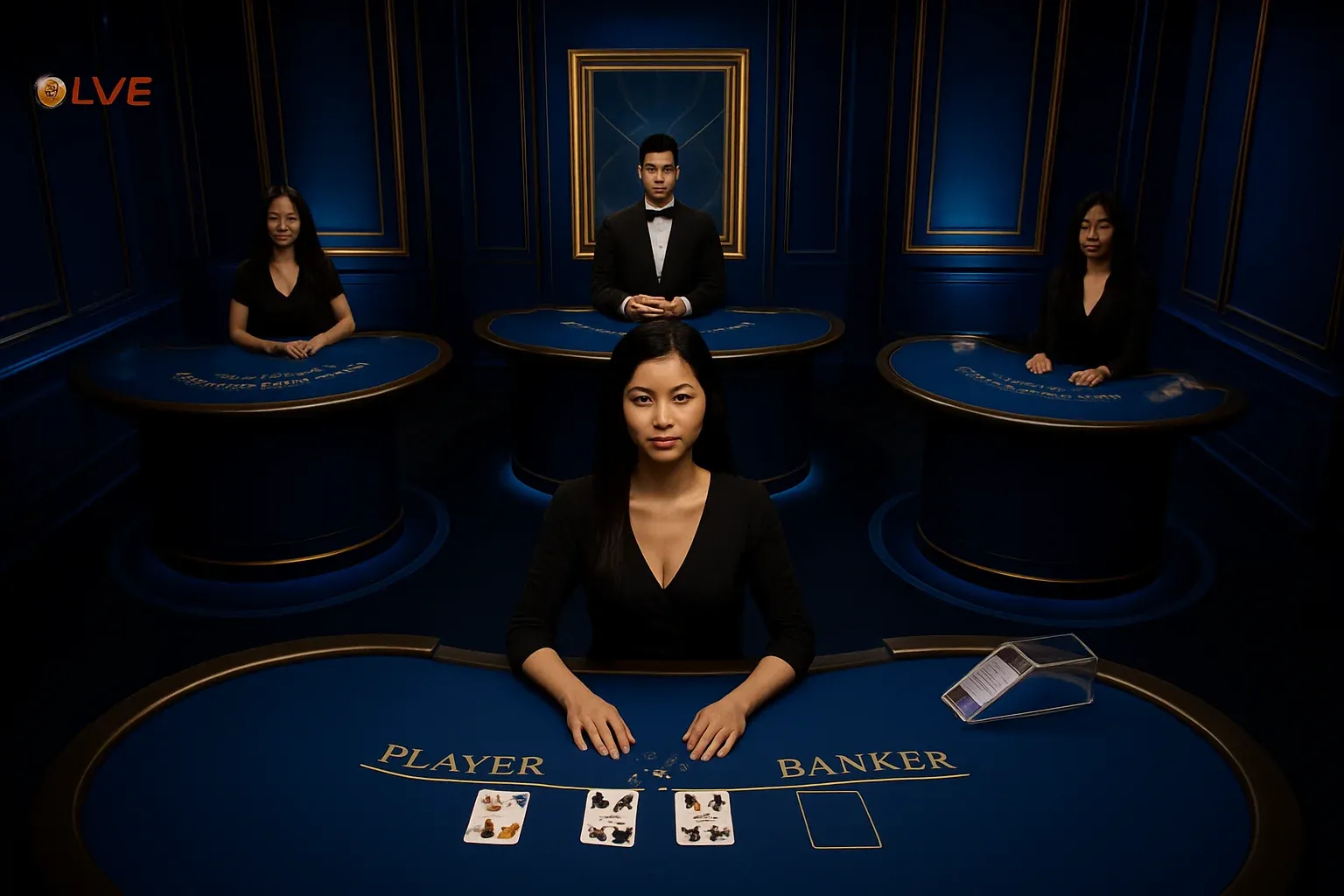 Elegant live casino studio with Asian dealers, baccarat and blackjack tables