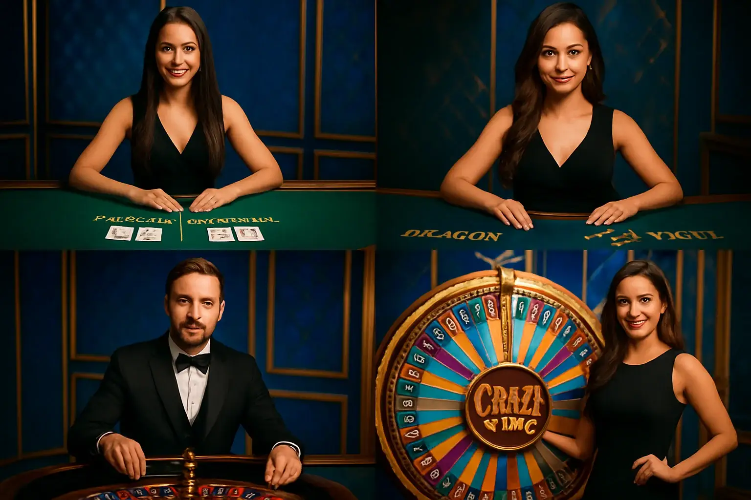 Live casino game cards with baccarat, roulette, Crazy Time, and dealers