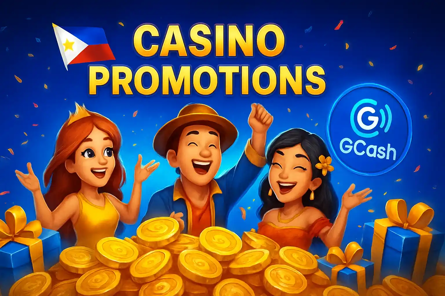 Philippine casino promotions banner with GCash badge, JILI characters, gold coins