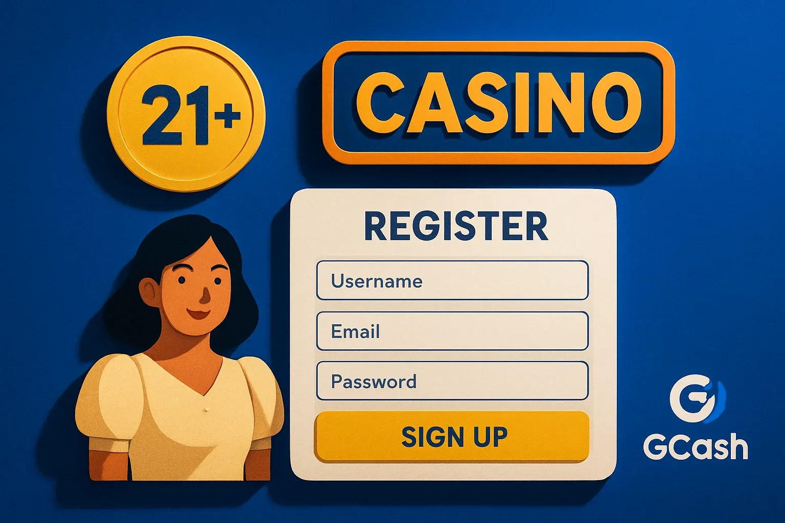 Philippine casino registration illustration with GCash logo and gold 21+ badge