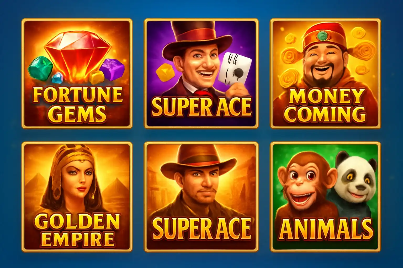 Grid of JILI and PG Soft slot game thumbnails on blue background