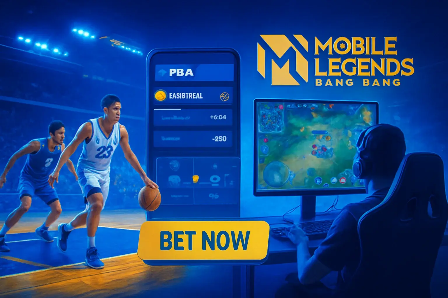 Dynamic Philippine sports betting banner with PBA action and Mobile Legends setup
